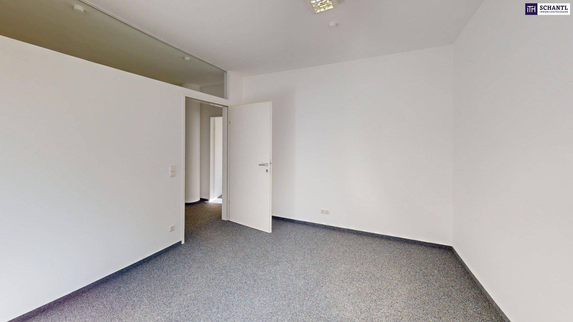 Geräumiger Büroraum mit grauem Teppichboden und einer offenen Tür zu einem weiteren Bereich.