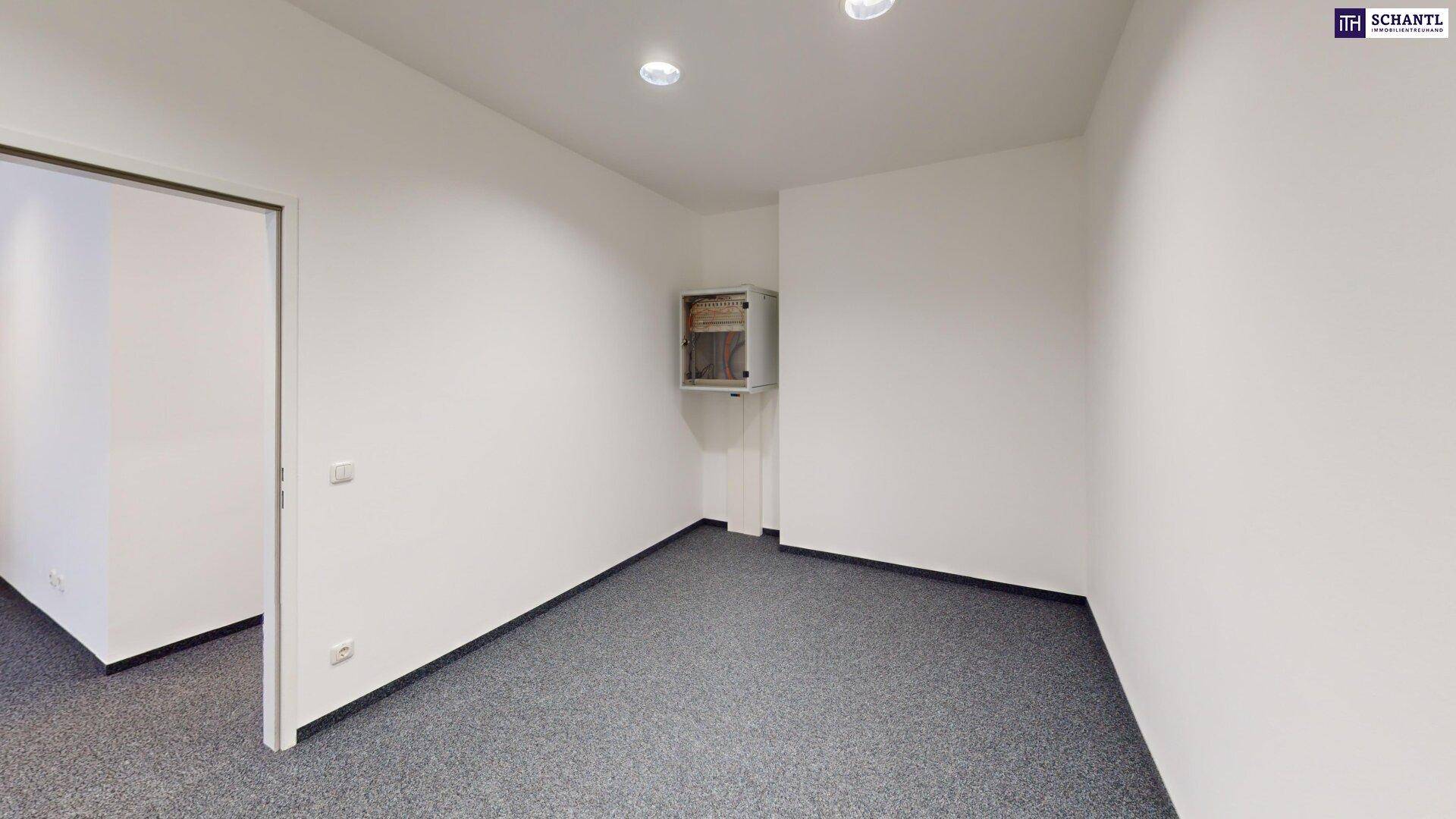 Schlichter Büroraum mit grauem Teppichboden und einer Wandnische mit Schaltschrank.