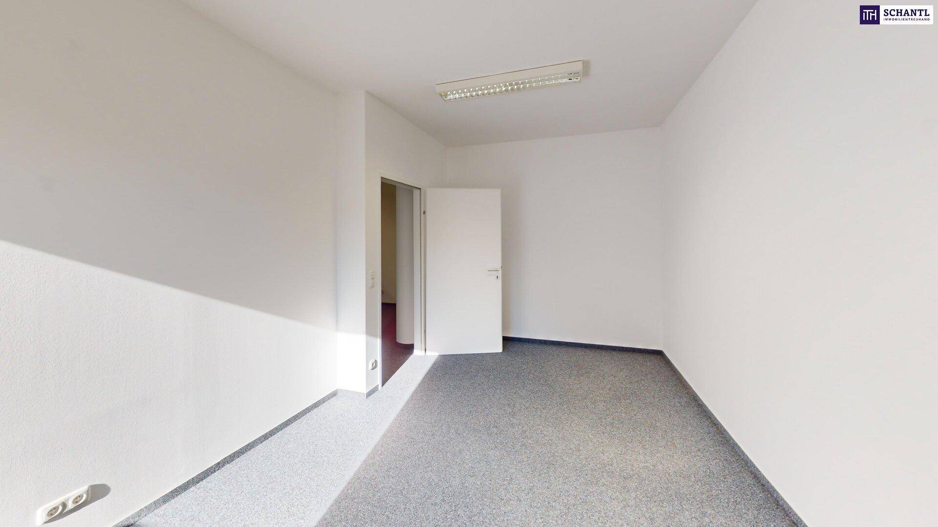 Heller Büroraum mit grauem Teppichboden und einer offenen Tür zu einem weiteren Bereich.