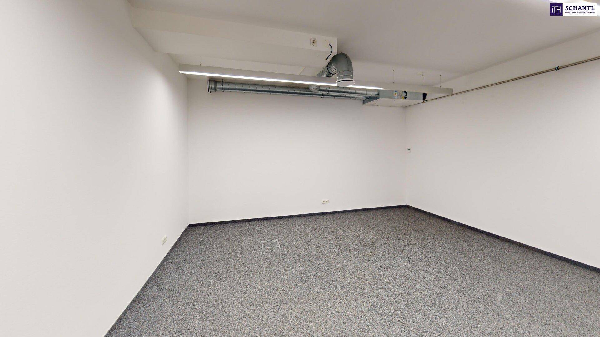 Leerer Büroraum mit grauem Teppichboden und sichtbaren Lüftungsrohren an der Decke.