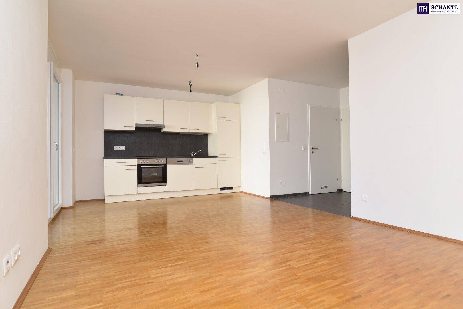 Moderne Einbauküche mit weißen Schränken und dunkler Arbeitsplatte in hellem Raum.