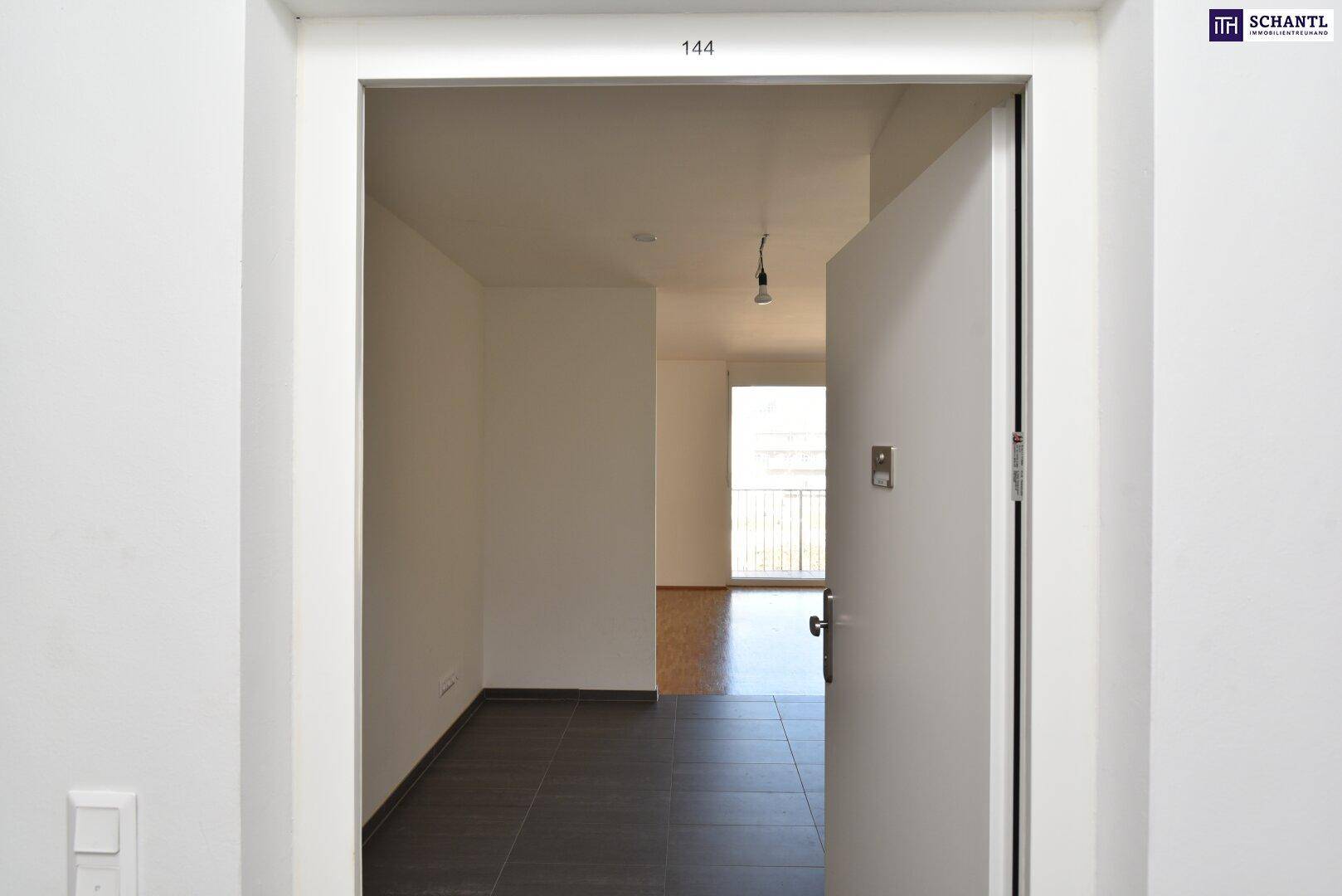 Heller Eingangsbereich mit Fliesenboden und Blick in den Wohnbereich.