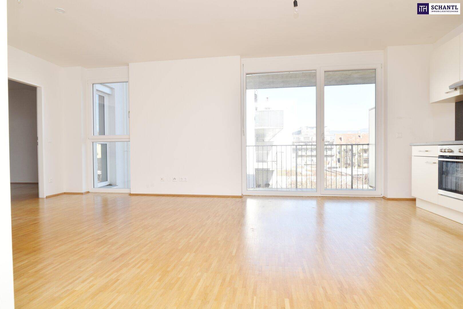 Heller Wohnbereich mit Parkettboden und Zugang zum Balkon, teilweise offene Küche sichtbar.