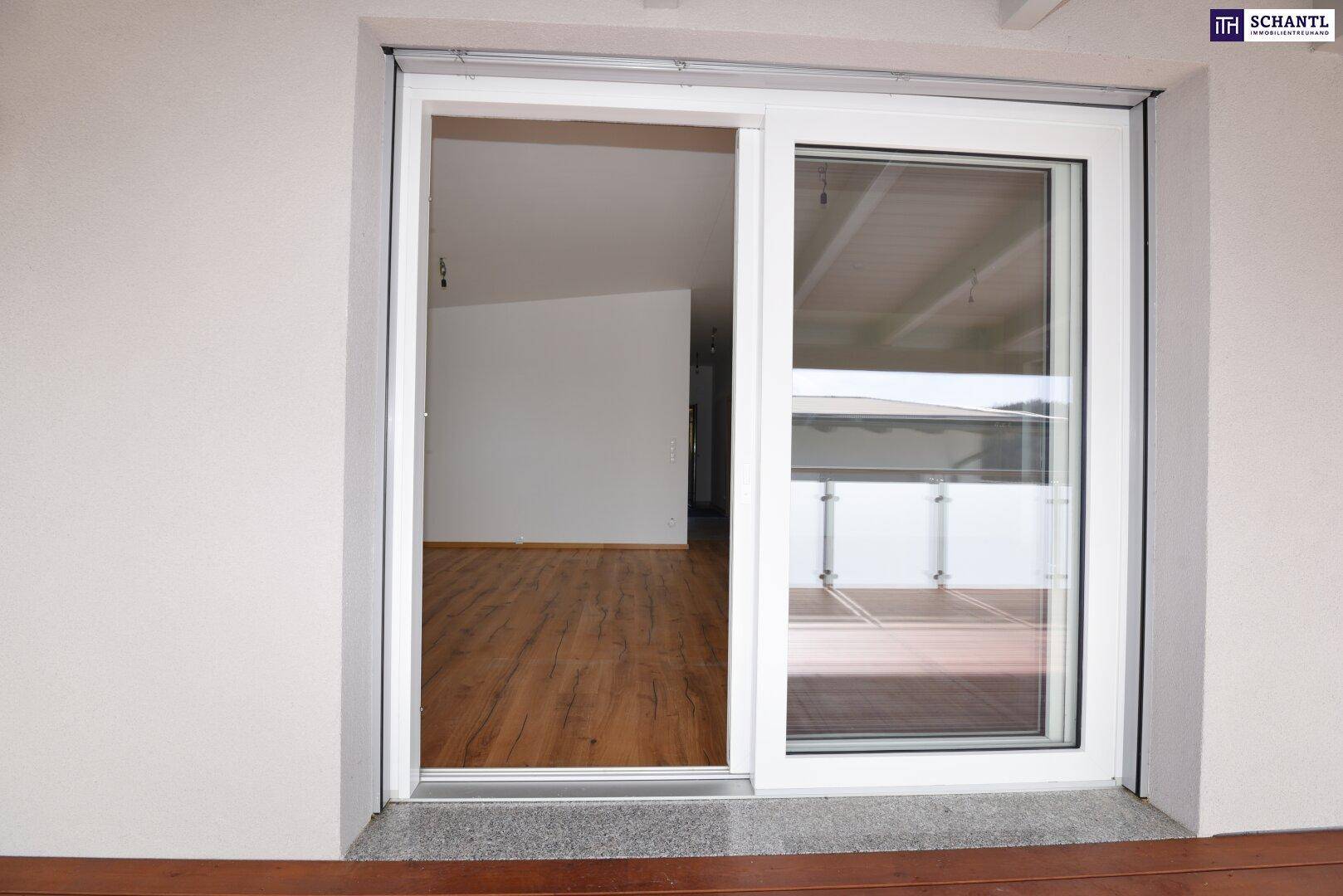 Blick aus einem leeren Raum mit Holzboden durch eine Glasschiebetür auf einen Außenbereich.