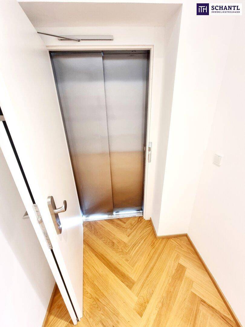 Eingangsbereich mit modernem Aufzug und glänzendem Fischgrätparkettboden.