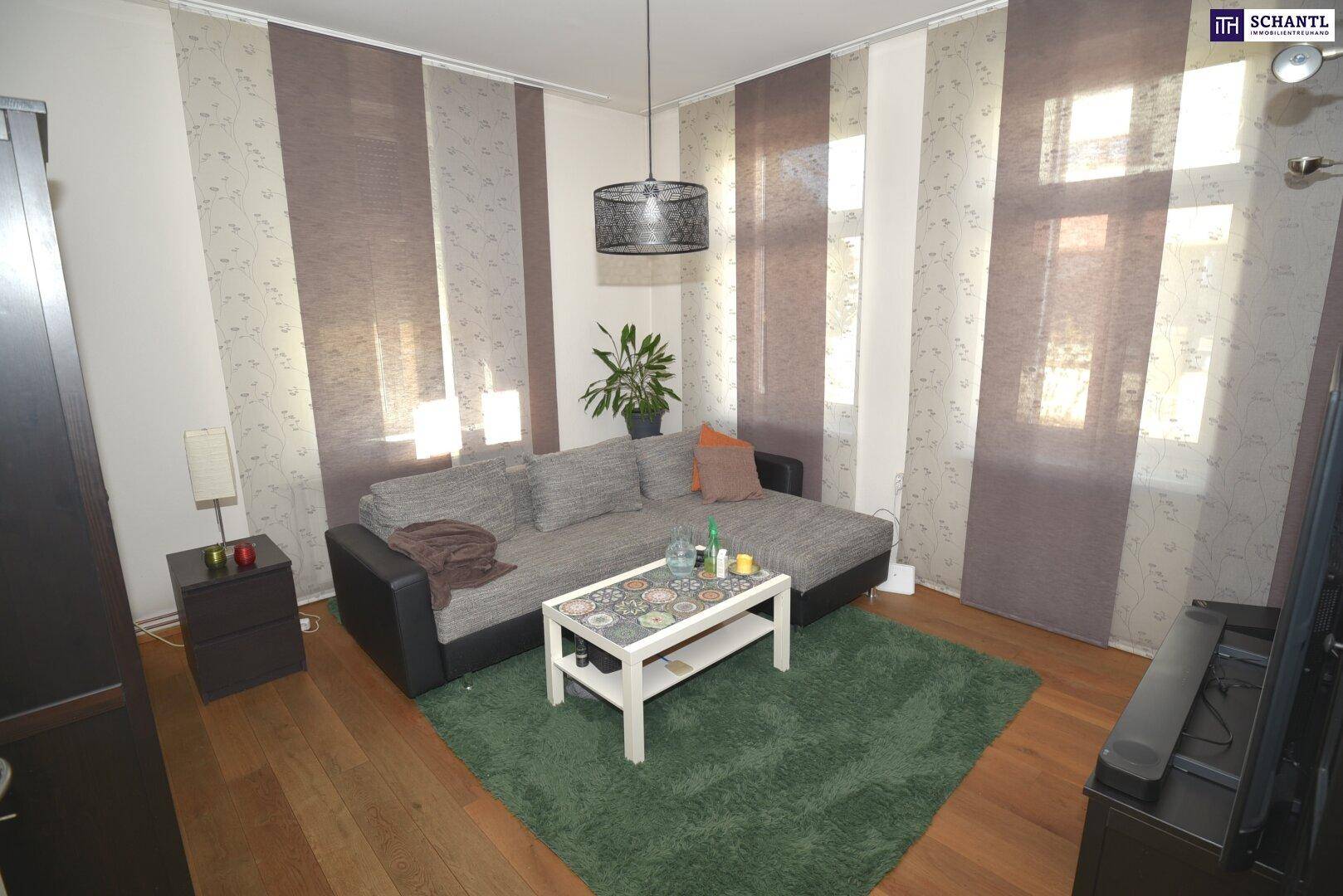 Modern eingerichtetes Wohnzimmer mit Holzboden, großem Sofa und vielen Fenstern.
