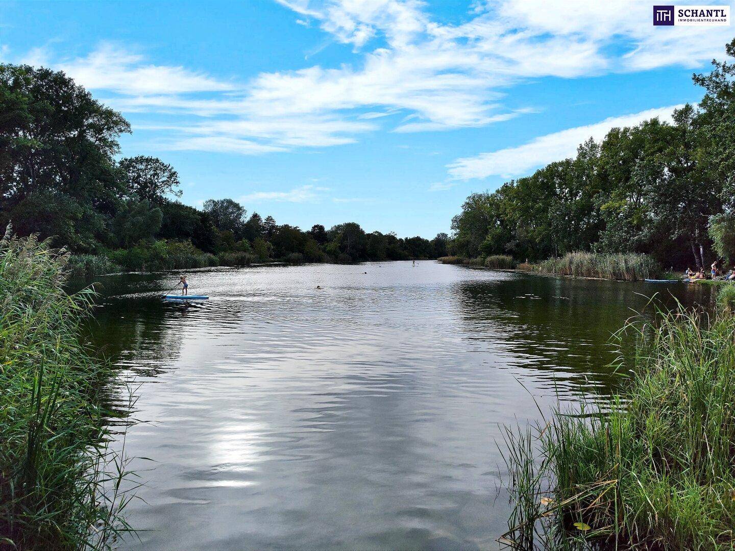Idyllischer See umgeben von üppiger Vegetation, ideal für Wassersport und Erholung unter blauem Himmel.