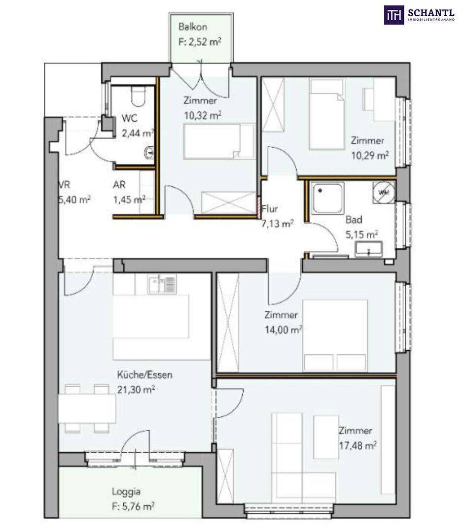 Detaillierter Grundriss einer Wohnung mit mehreren Zimmern, Bad, WC, Balkon und Loggia.