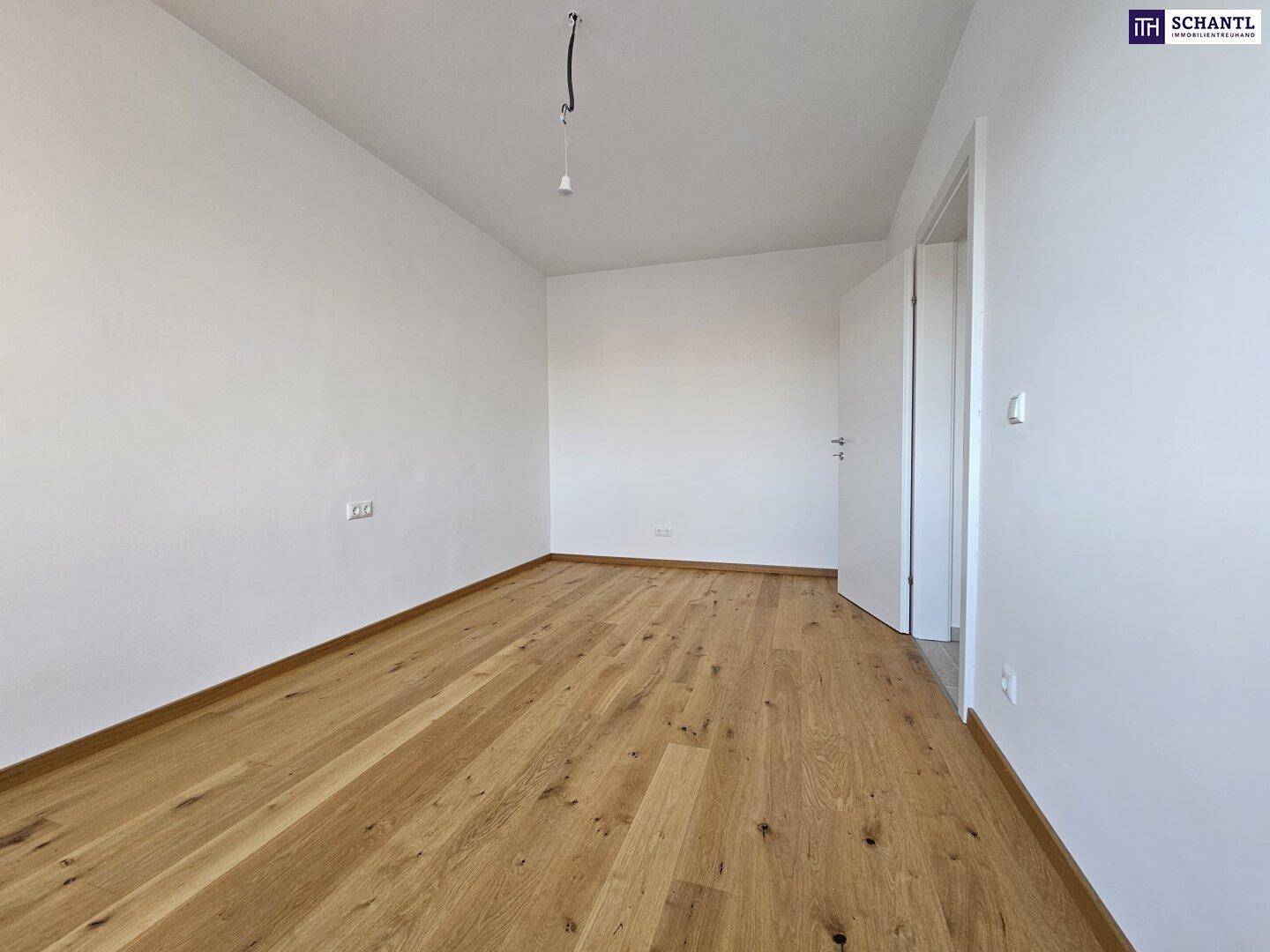 Geräumiges, unmöbliertes Zimmer mit Parkettboden und weiß gestrichenen Wänden.