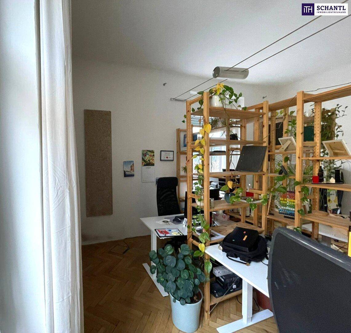 Helles Büro mit Holzregalen, vielen Pflanzen und Parkettboden.