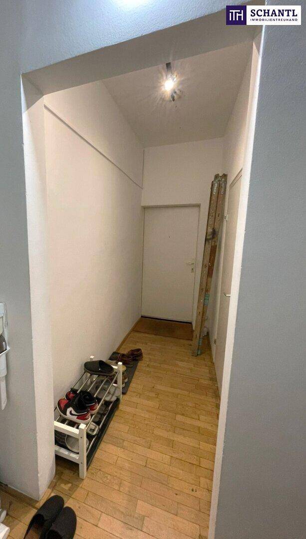 Schmaler Flur mit Parkettboden und Schuhregal, der zum Eingang führt.