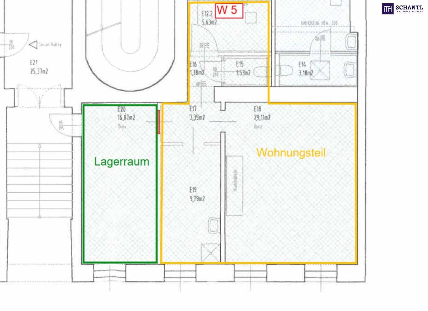 Detailierter Grundriss mit Lagerraum und Wohnteil, inklusive Sanitärbereichen.