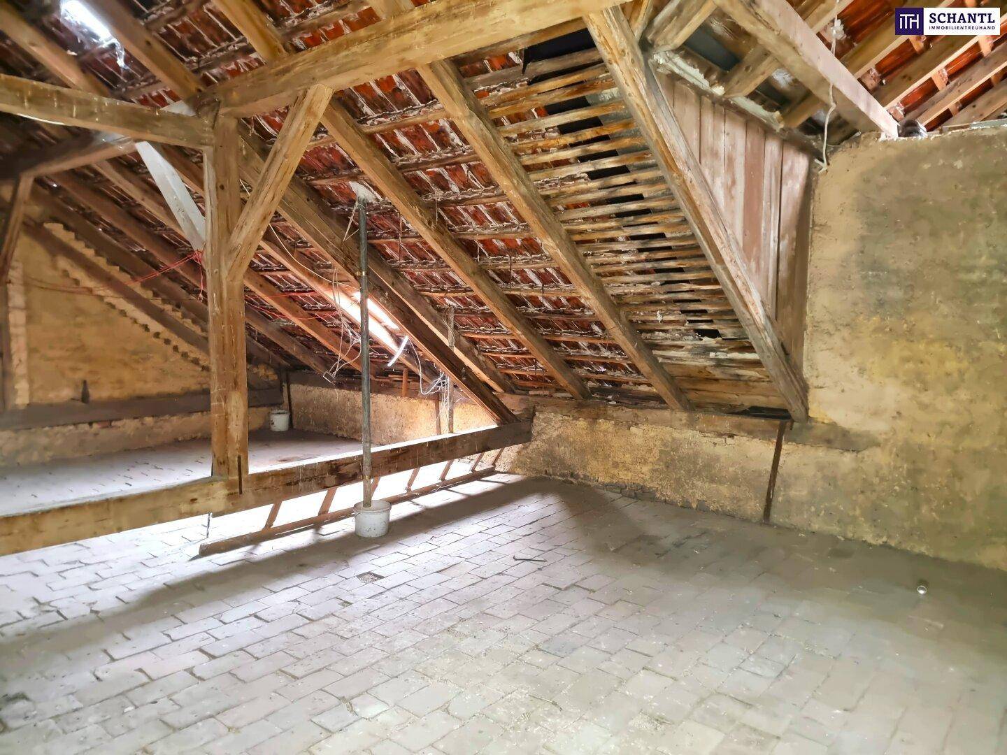 Unausgebauter Dachboden mit sichtbarer Holzkonstruktion und Ziegeldach.