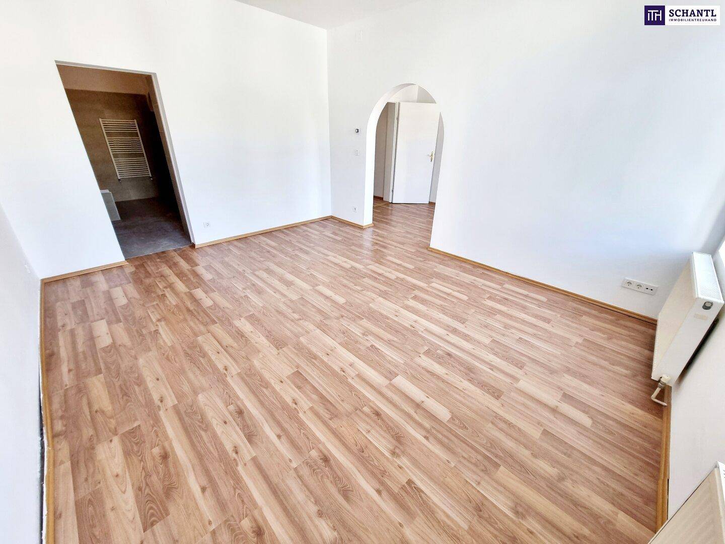 Heller Wohnbereich mit Laminatboden, weiß gestrichenen Wänden und Zugang zu weiteren Räumen.