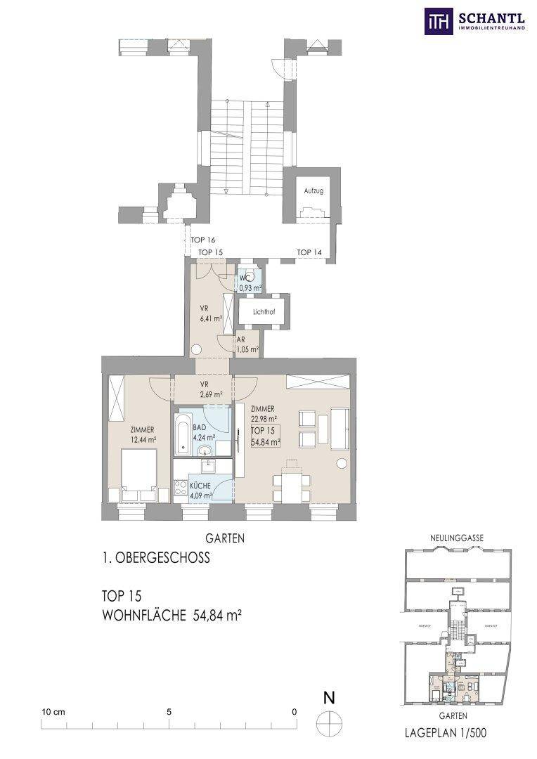 Grundriss der Wohnung Top 15 im Obergeschoss mit 54,84 m² Wohnfläche.
