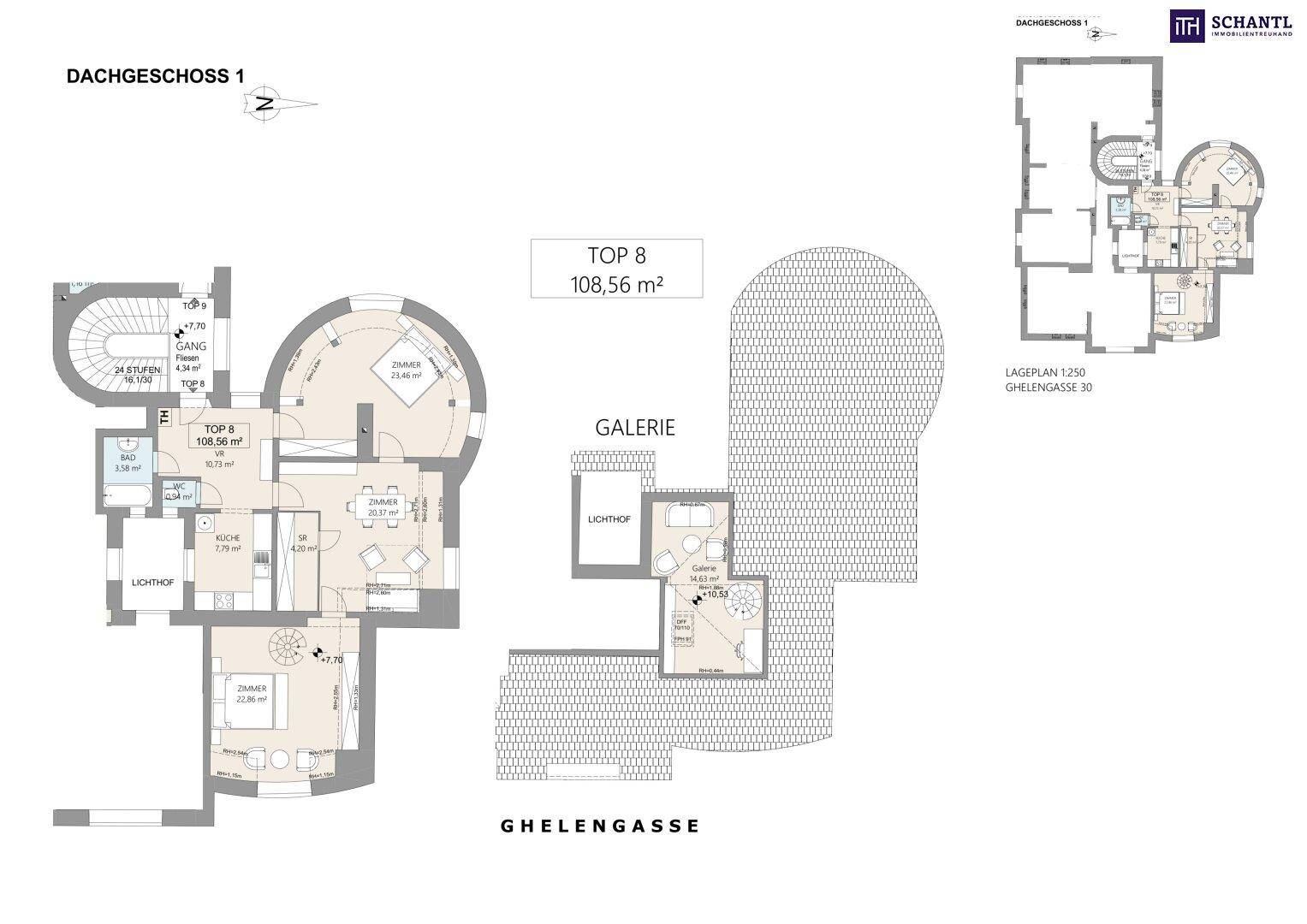 Grundriss des Dachgeschosses 1 (Top 8) mit 108,56 m² Wohnfläche und Galerie.