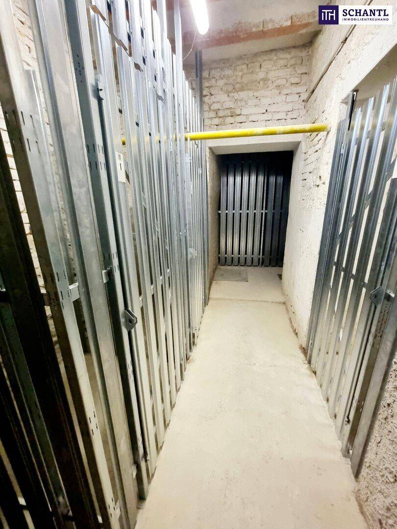 Kellerabteile mit Metallgittern für zusätzlichen Stauraum im Untergeschoss.