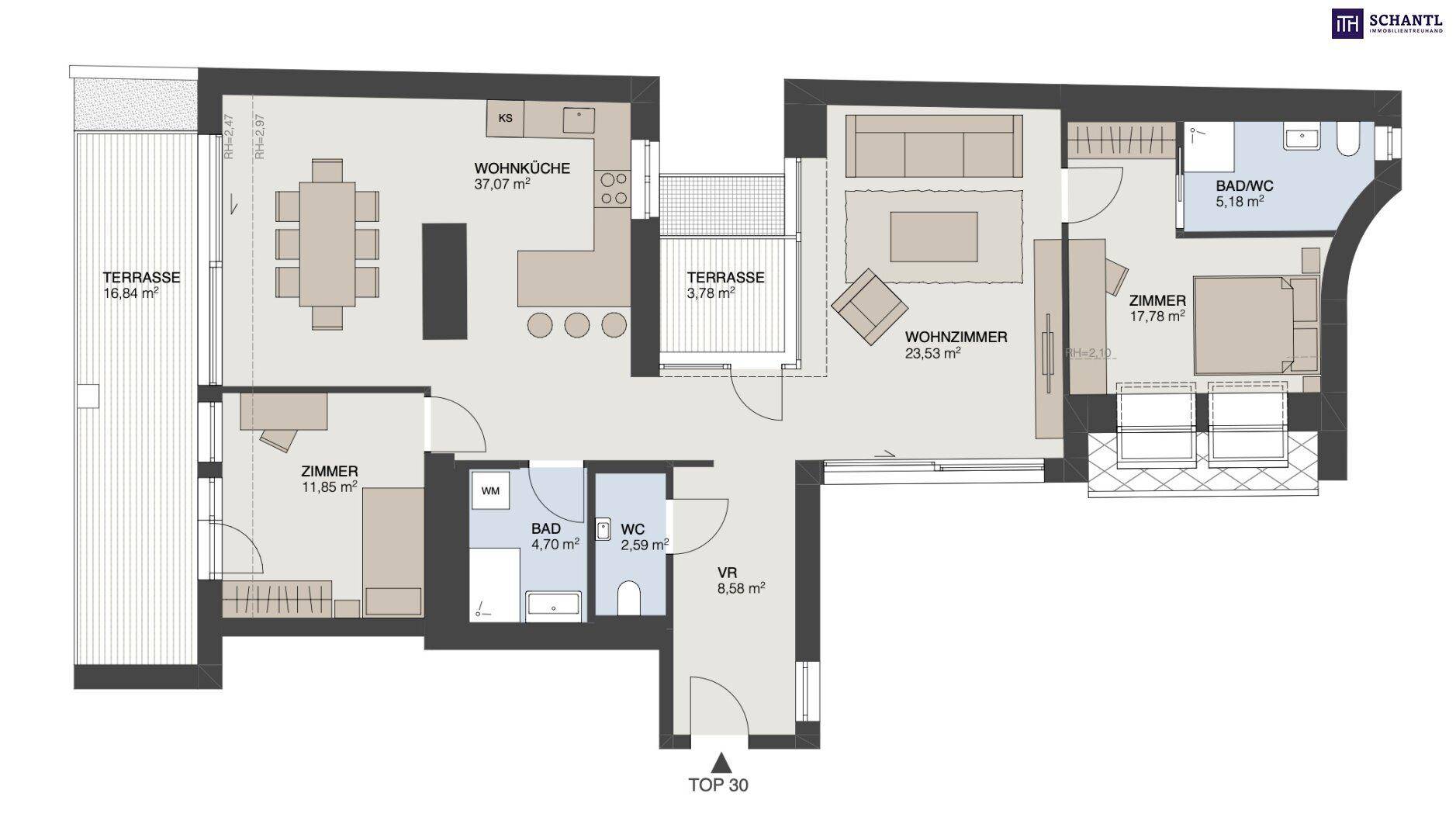 Detaillierter Grundriss einer Wohnung mit Wohnküche, zwei Zimmern und zwei Terrassen.
