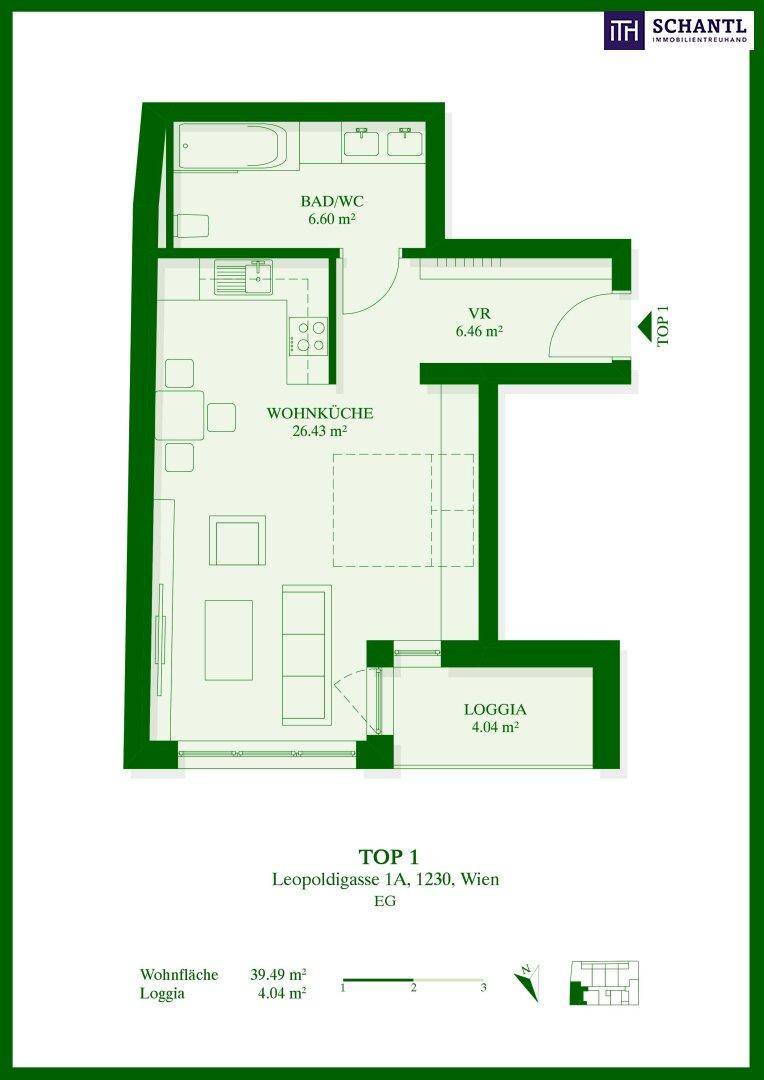 Grundriss der Wohnung TOP 1 mit Wohnküche, Bad/WC und Loggia.