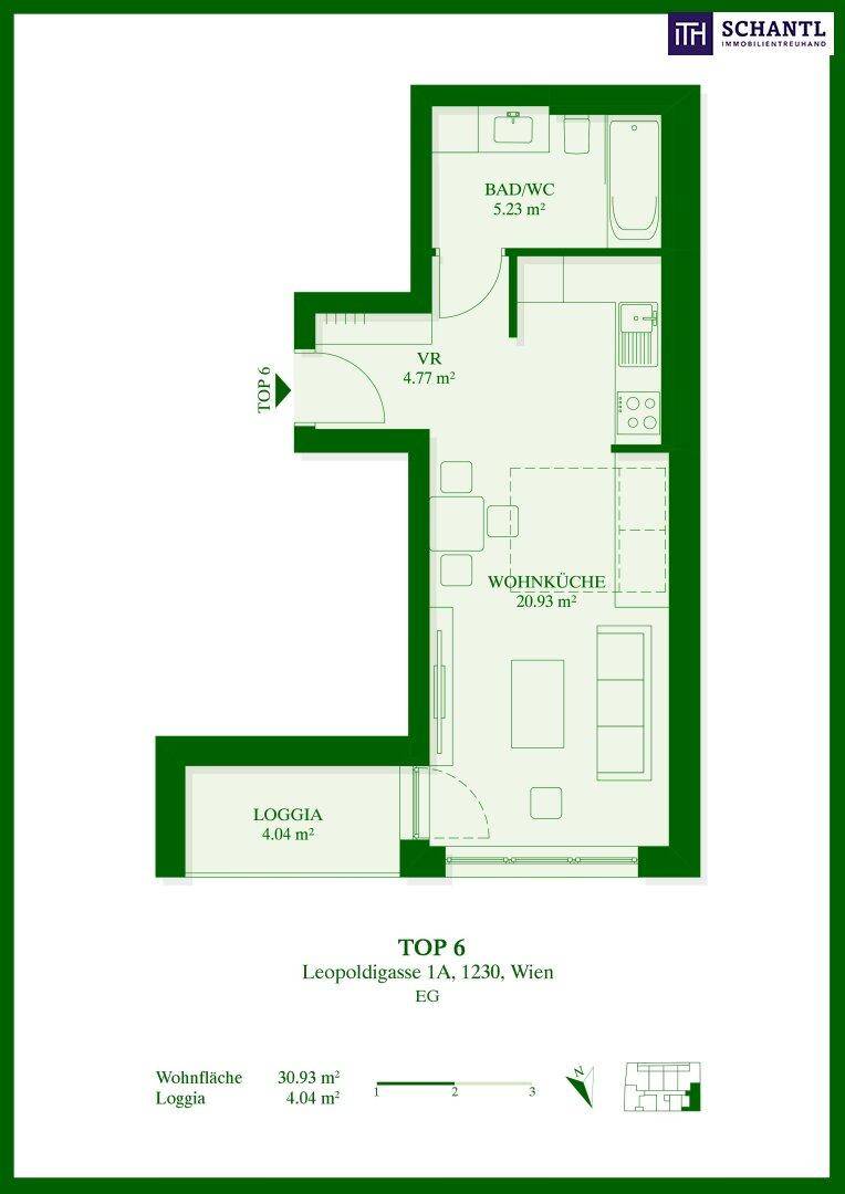 Grundriss der Wohnung TOP 6 mit Wohnküche, Bad/WC und Loggia auf 30.93 m².