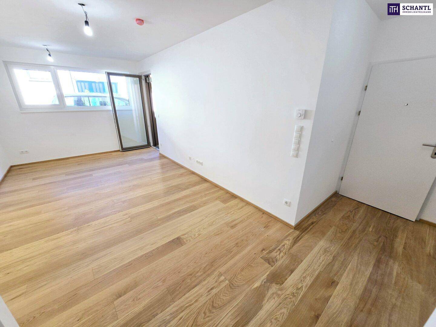 Geräumiger, heller Wohnraum mit Holzparkettboden und Zugang zum Außenbereich.