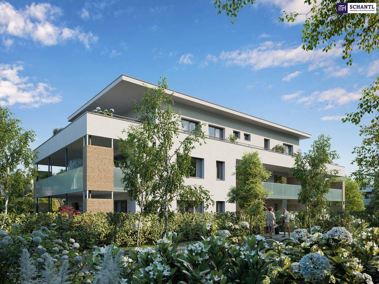 Modernes Wohngebäude mit klarer Architektur, Balkonen und üppiger Bepflanzung im Außenbereich.