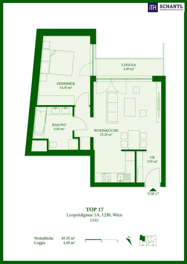 Grundriss der Wohnung Top 17 mit Wohnküche, Zimmer und Loggia.