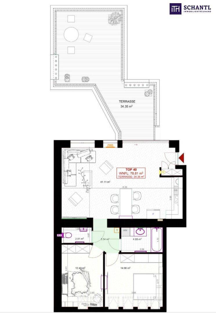 Grundriss einer modernen Wohnung mit offenem Wohnbereich, zwei Schlafzimmern, zwei Bädern und einer großen Dachterrasse.