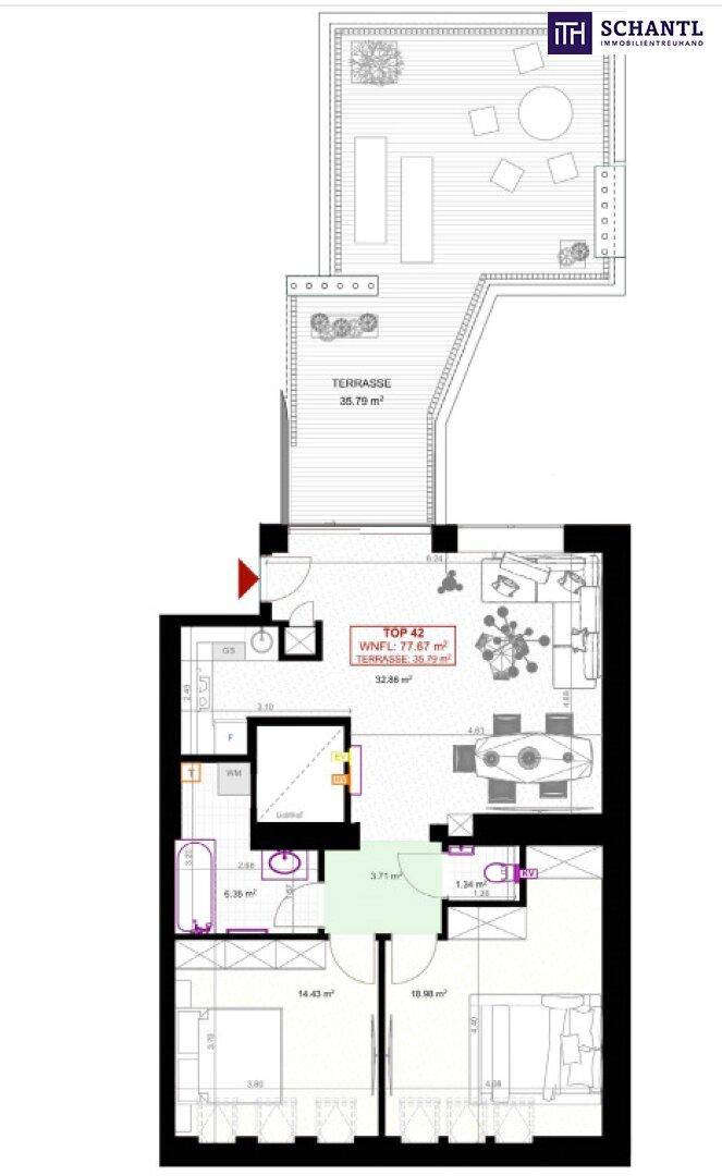 Grundriss einer Wohnung mit offener Wohnküche, zwei Schlafzimmern, zwei Bädern und einer großen Terrasse.