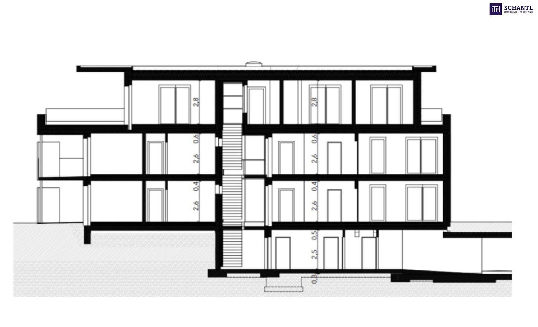 Architektonischer Schnitt durch das Gebäude zeigt die Stockwerke und Deckenhöhen.