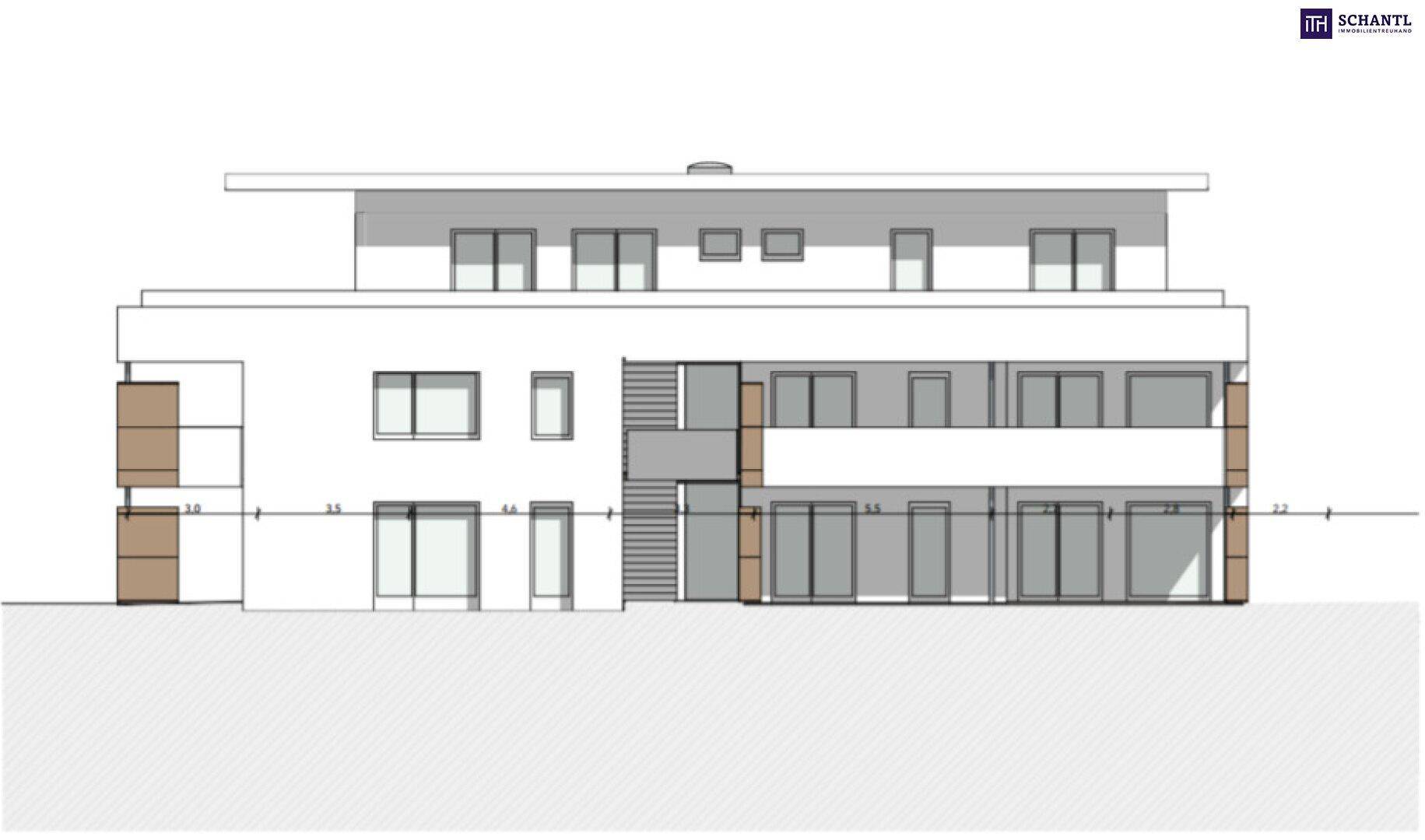 Seitenansicht der modernen Gebäudefassade mit großen Fensterfronten und Balkonen.