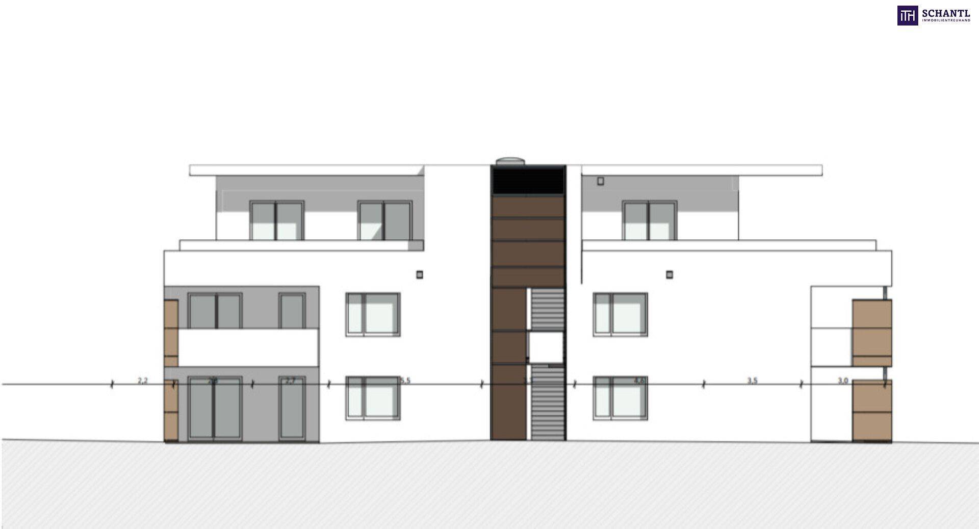 Architektonische Ansicht der Gebäudefassade mit Balkonen und Fenstern.