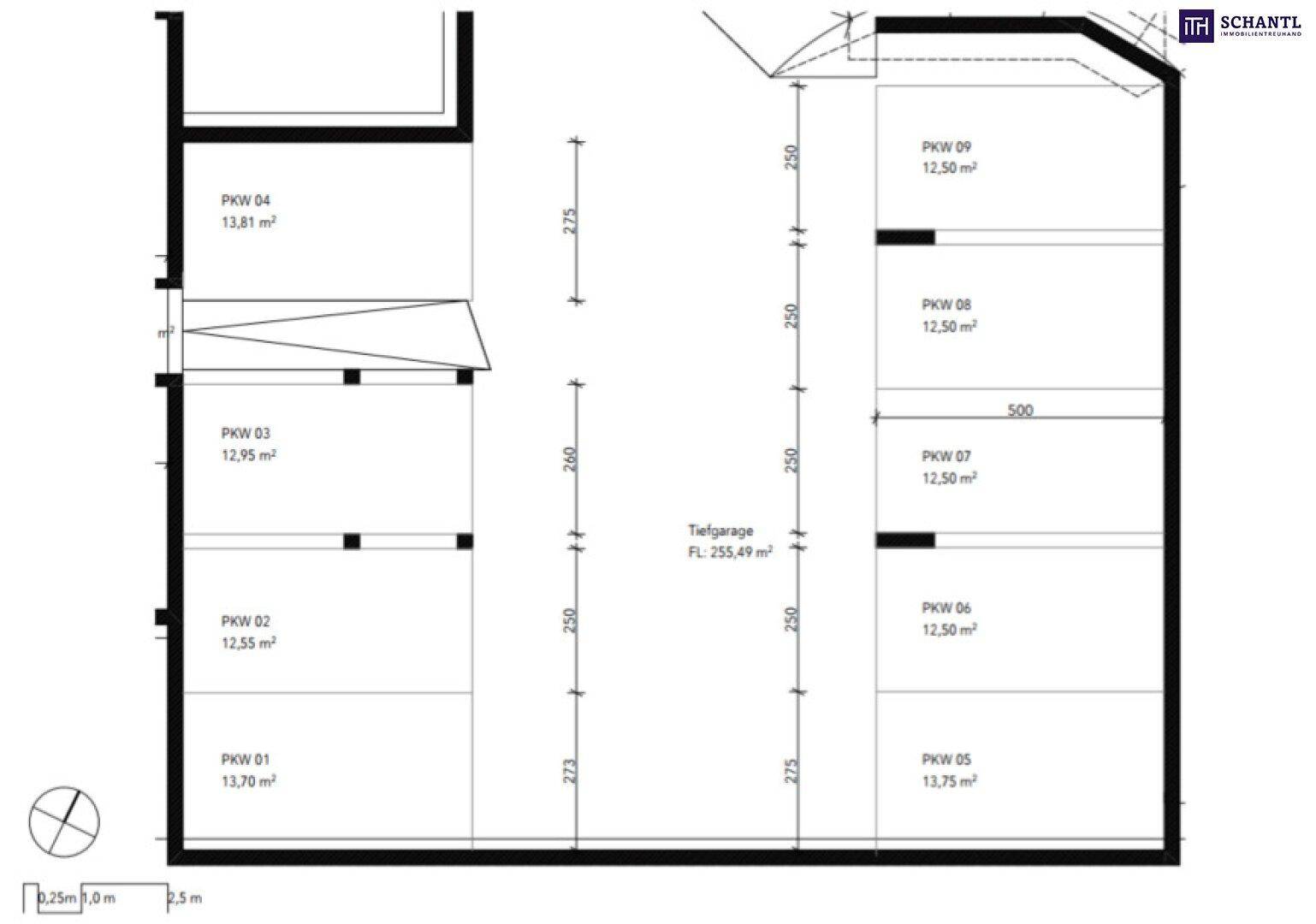 Grundriss der Tiefgarage mit mehreren Parkplätzen und Abmessungen.