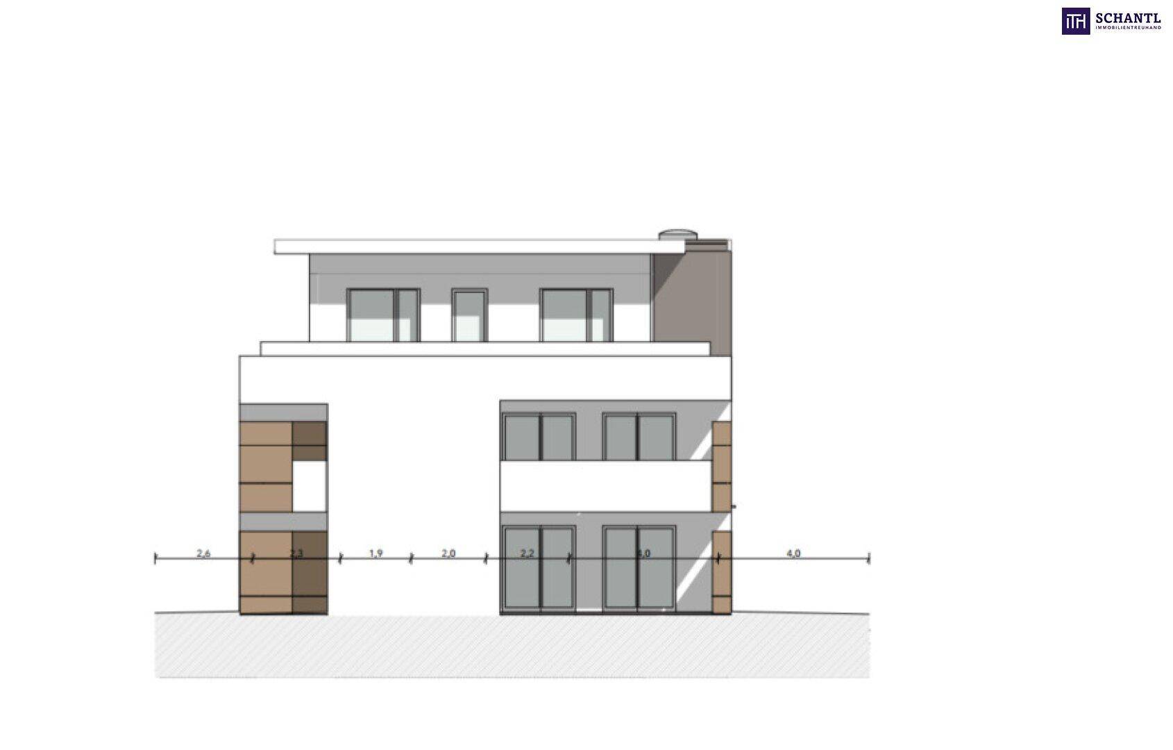 Seitenansicht des modernen Gebäudes mit klaren Linien und großen Fensterfronten.