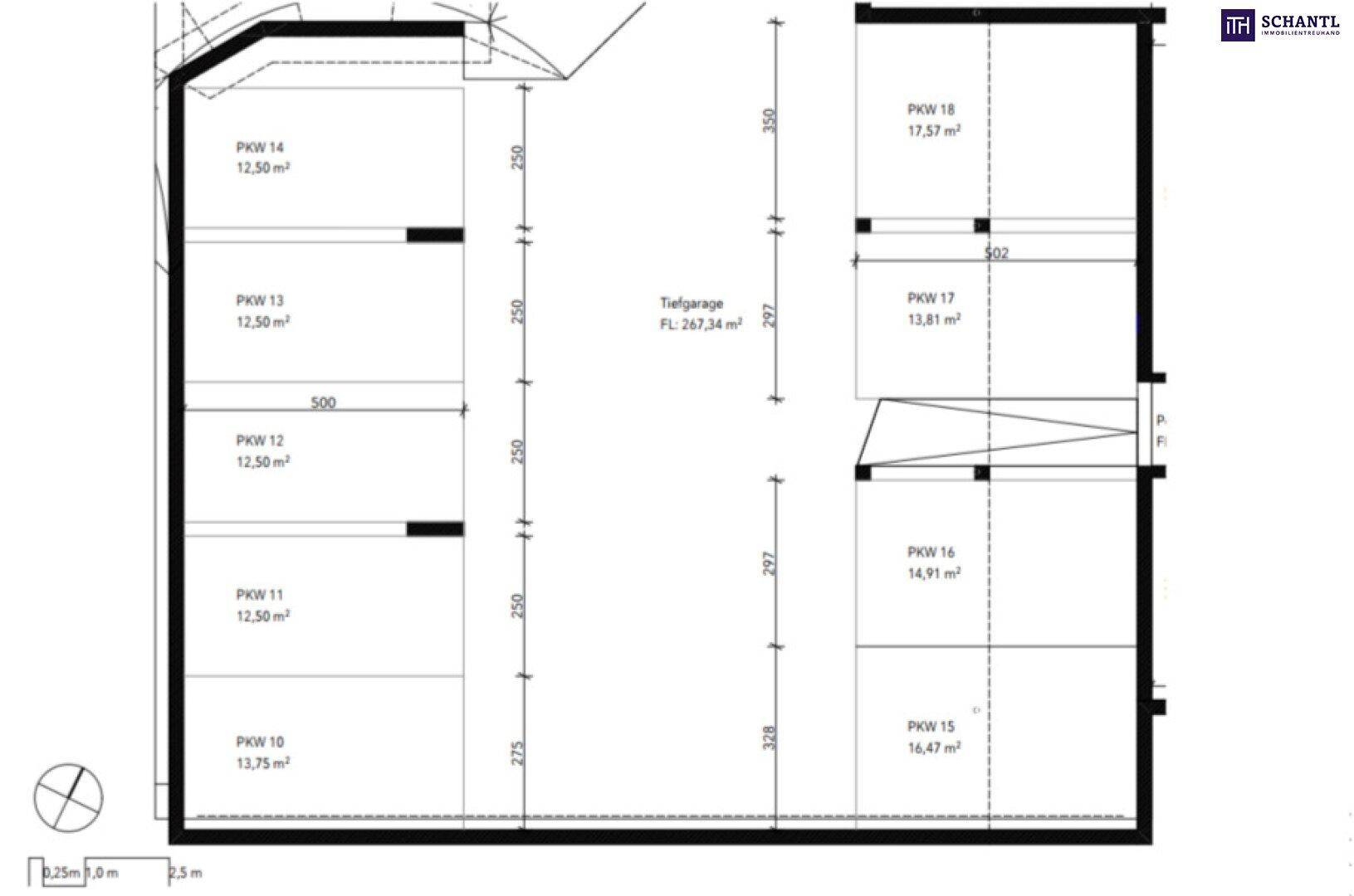 Grundriss der Tiefgarage mit nummerierten Stellplätzen und Flächenangaben für Fahrzeuge.