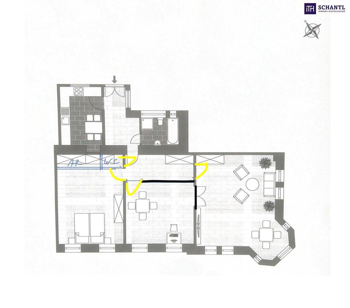 Grundriss der Wohnung mit eingezeichneten Räumen und potenziellen Umgestaltungsoptionen.