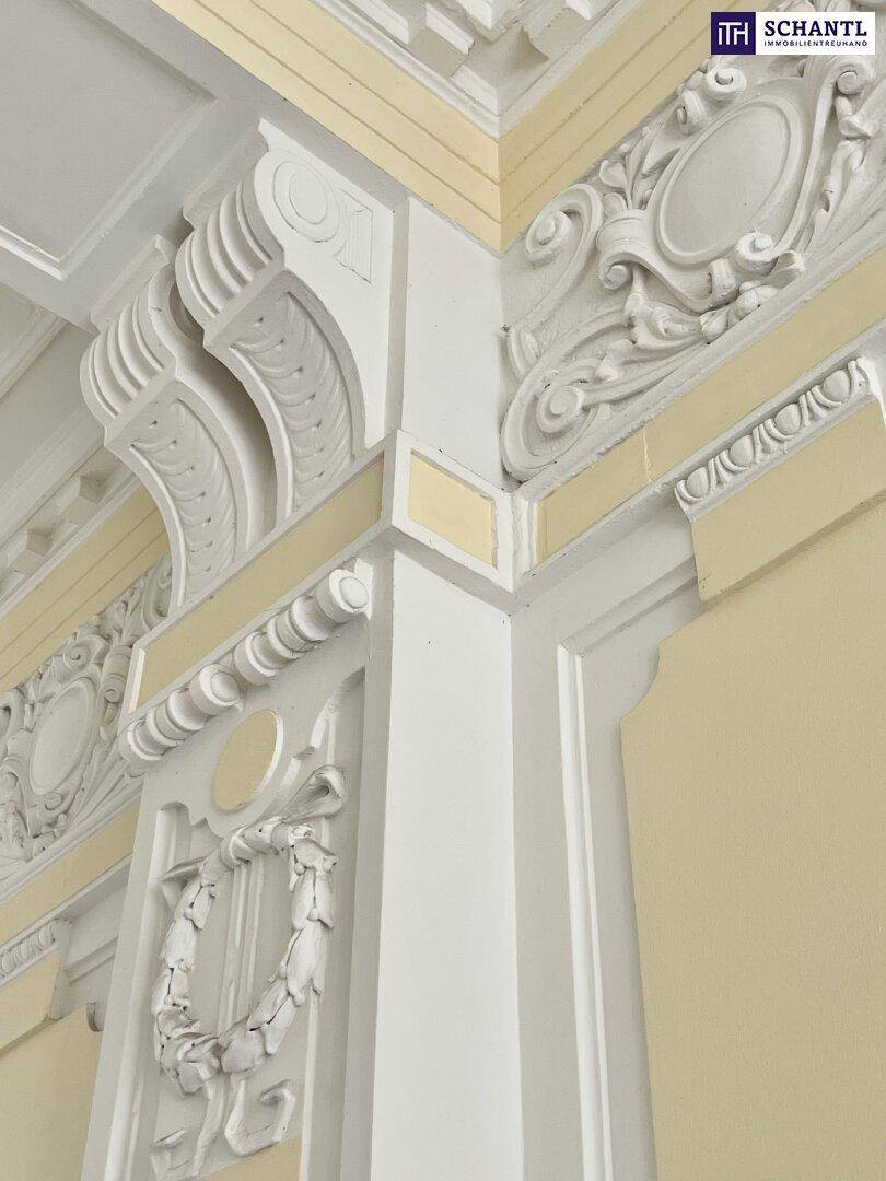 Detailaufnahme einer Stuckdecke und Wandverzierung mit eleganten, historischen Ornamenten in hellen Farben.