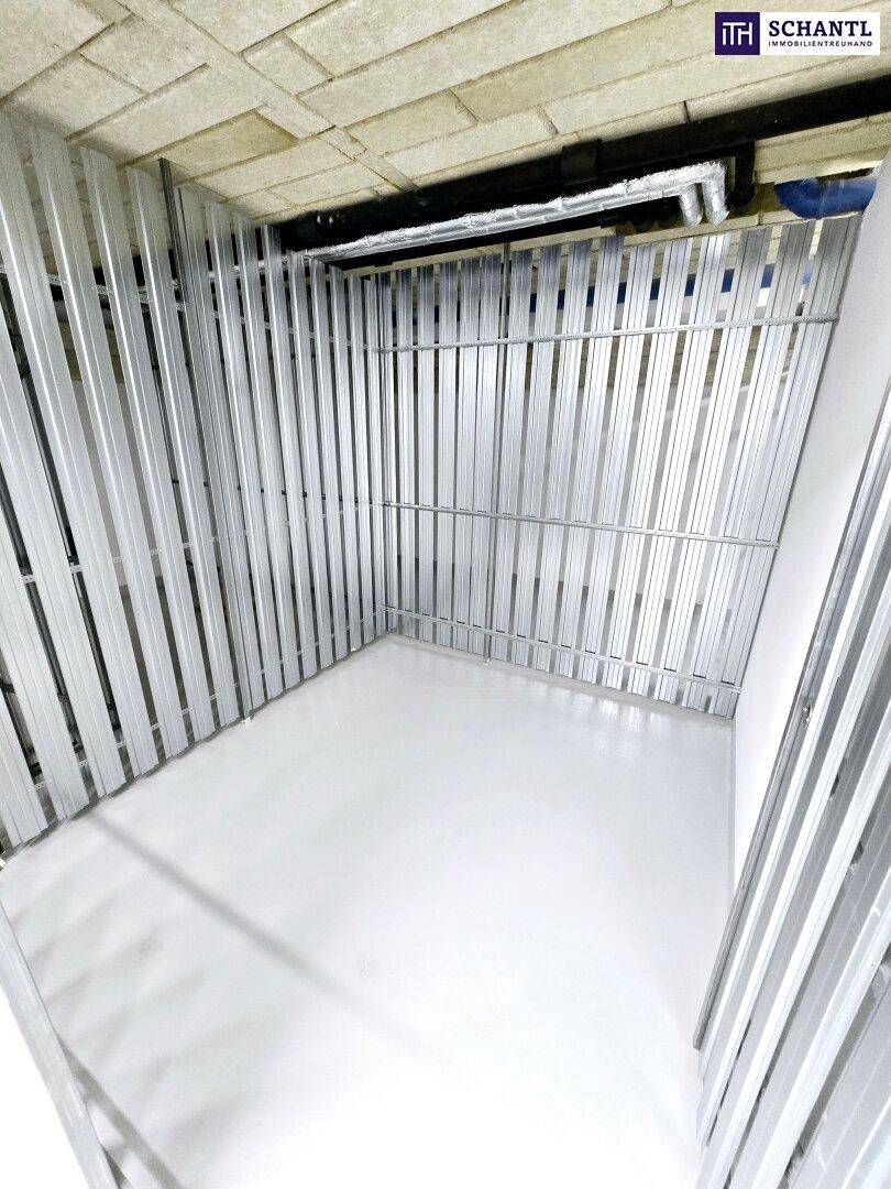 Praktischer Abstellraum im Keller mit Metallabtrennungen und sauberem Boden.