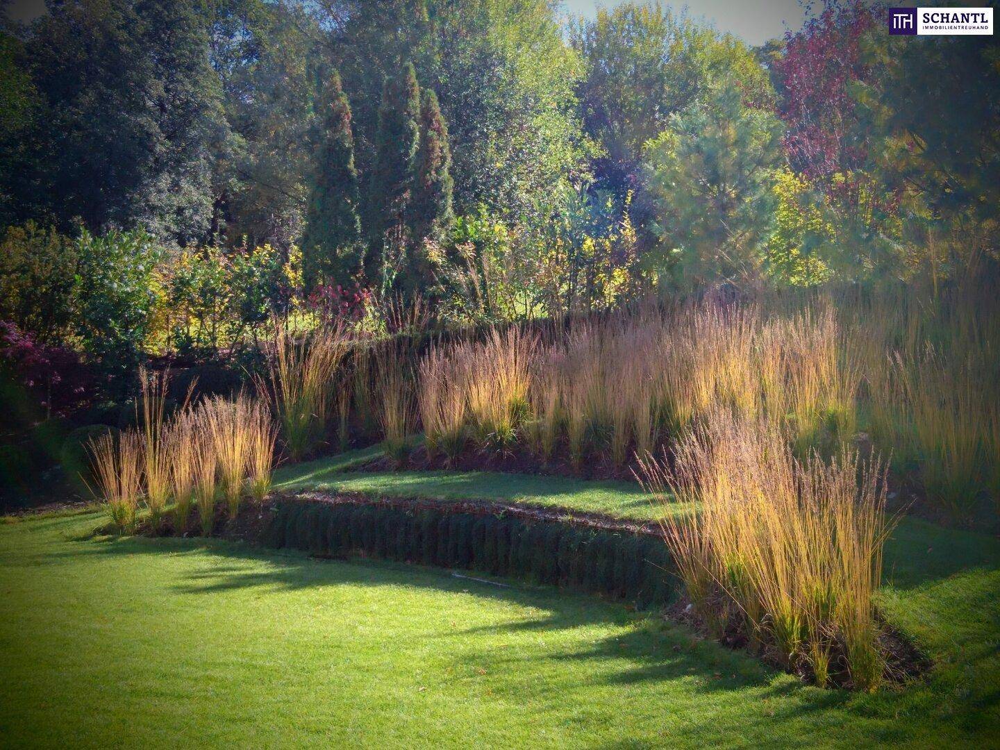 Gestalteter Garten mit terrassierten Beeten, Ziergräsern und üppiger grüner Bepflanzung.