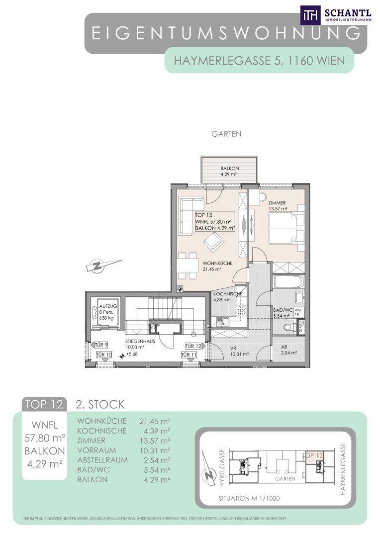 Grundriss der Eigentumswohnung Top 12 im 2. Stock mit offener Wohnküche, Schlafzimmer und Balkon.
