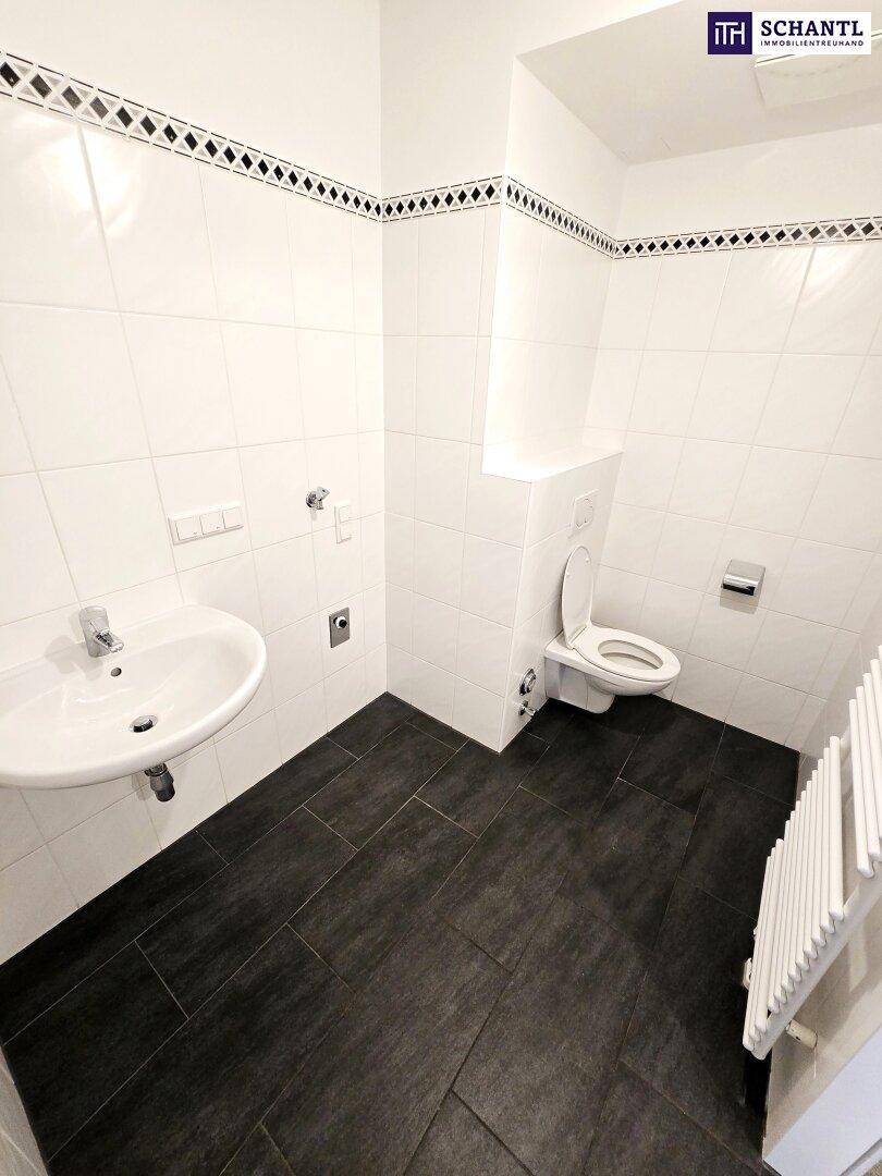 Separates WC mit Wand-WC, kleinem Waschbecken und dunklen Bodenfliesen, sauber und funktional.