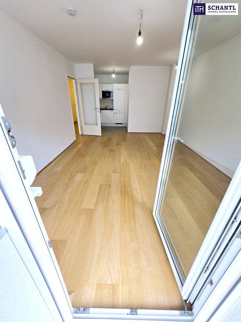 Heller Wohnbereich mit Holzboden und Zugang zu einem Balkon, der eine offene und einladende Atmosphäre schafft.