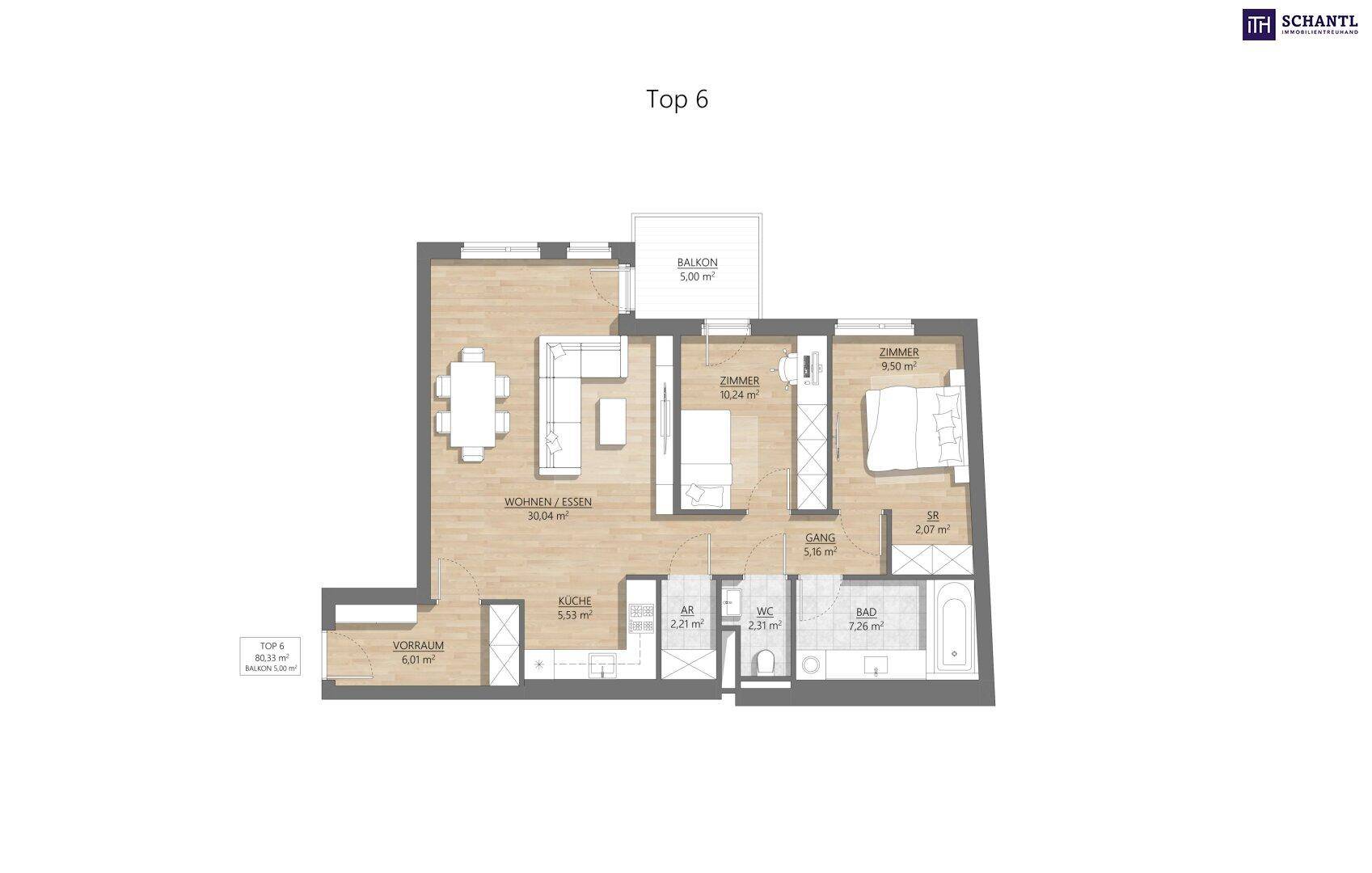 Grundriss "Top 6" mit Wohn-Essbereich, Küche, zwei Schlafzimmern, Bad, WC und Balkon.