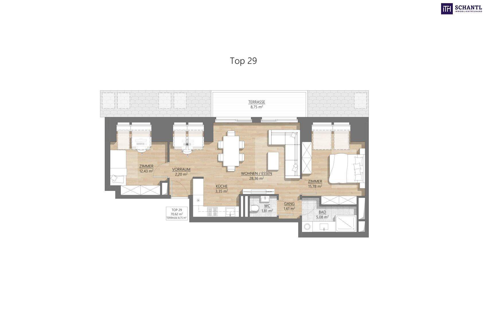 Grundriss "Top 29" mit Wohn-Essbereich, Küche, zwei Schlafzimmern, Bad, WC und Terrasse.