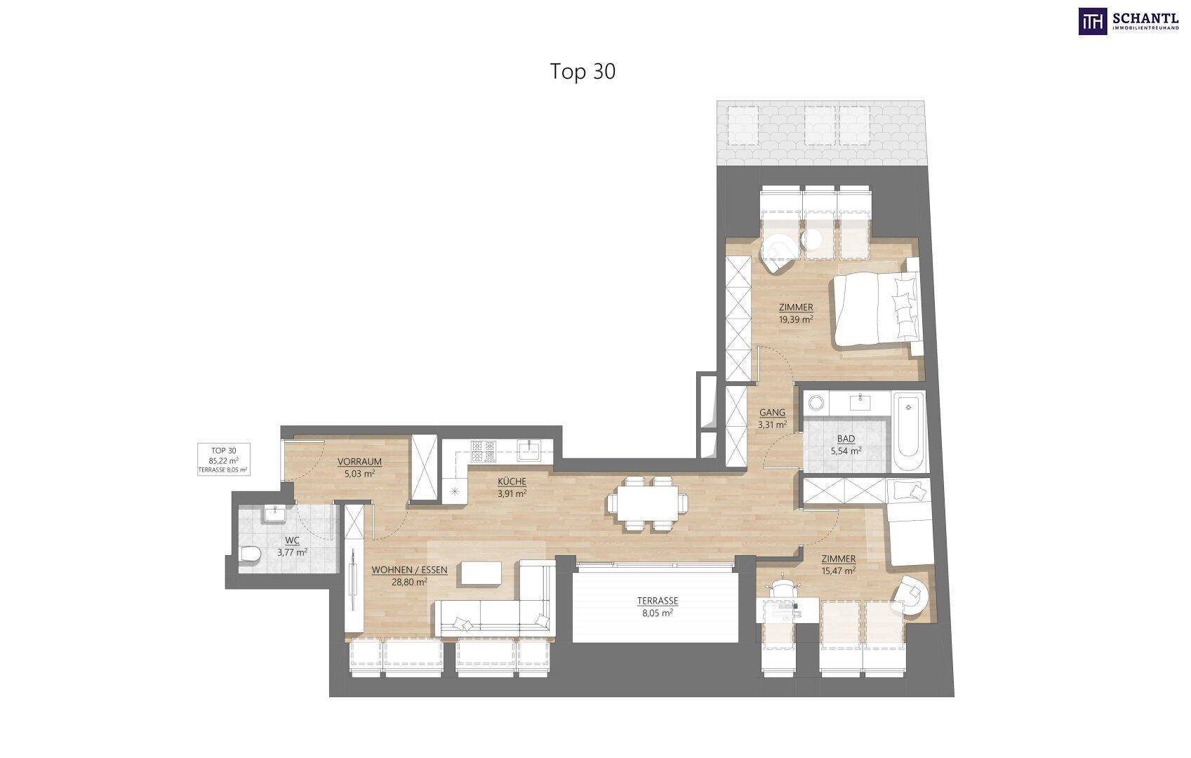 Grundriss "Top 30" mit Wohn-Essbereich, Küche, zwei Schlafzimmern, Bad, WC und Terrasse.