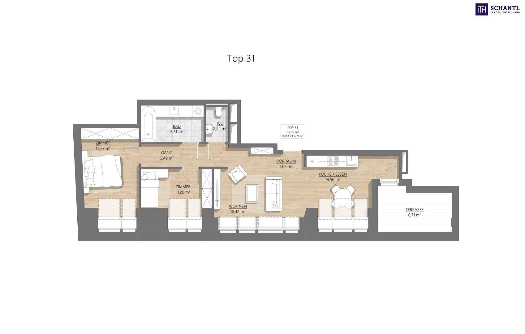 Grundriss "Top 31" mit langem Wohn-Essbereich, Küche, zwei Schlafzimmern, Bad, WC und Terrasse.