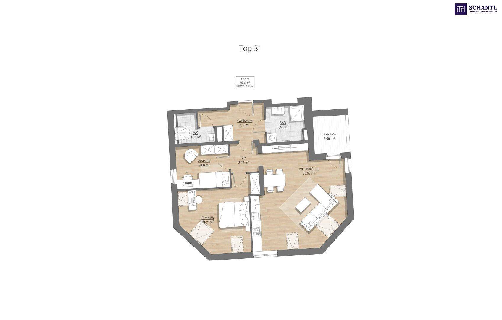 Grundriss "Top 31" mit Wohn-Essbereich, Küche, zwei Schlafzimmern, zwei Bädern und Terrasse.