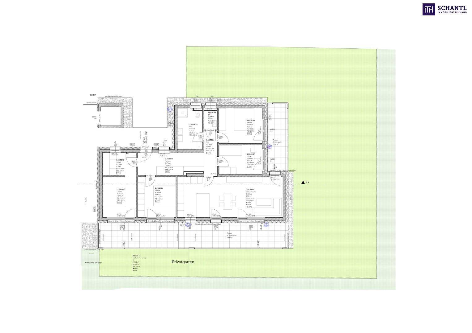 Grundriss einer Wohneinheit mit privatem Gartenbereich und Terrasse im Erdgeschoss.