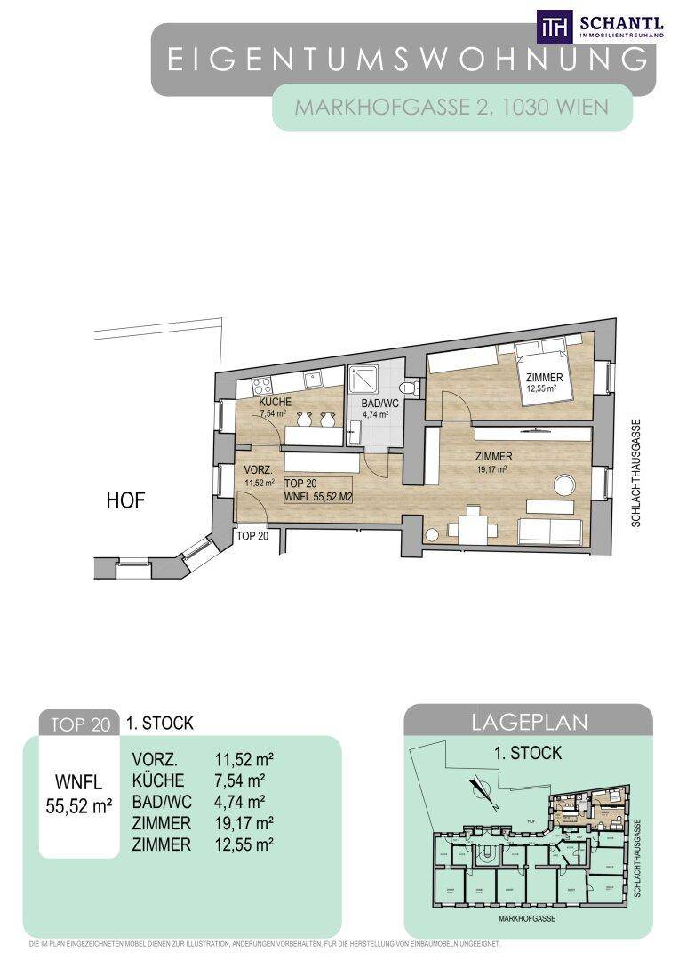 Grundriss einer Eigentumswohnung mit zwei Zimmern, separater Küche und Balkon.