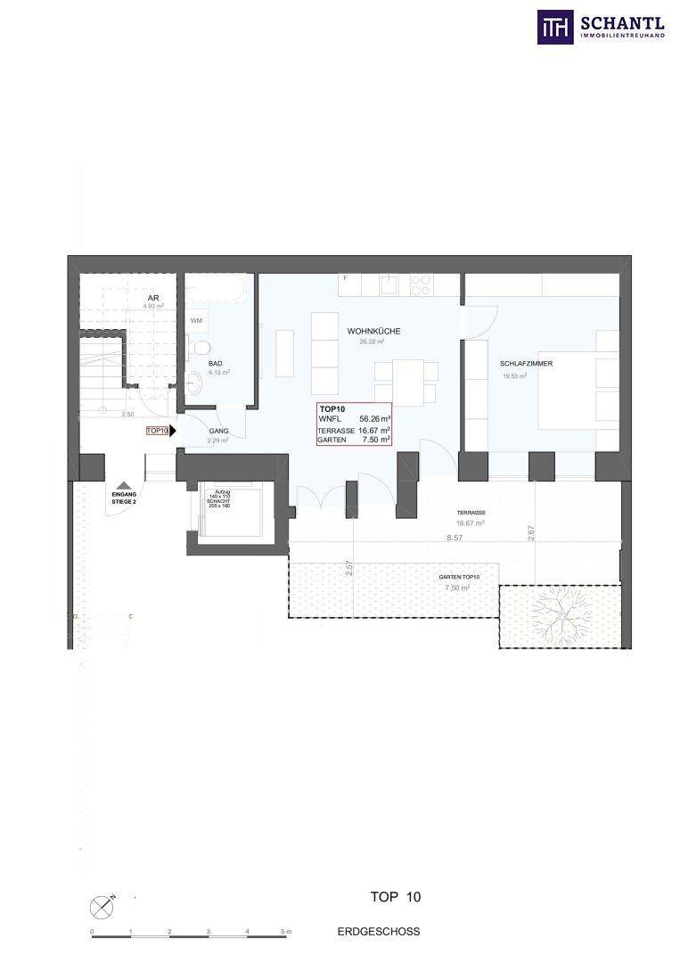 Grundriss einer Erdgeschosswohnung mit offener Wohnküche, Schlafzimmer, Bad, Abstellraum, Terrasse und Garten.